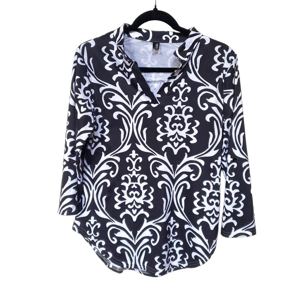 SheShares Black And White Roll Tab Sleeve Top Size S Art To Wear‎ Mature